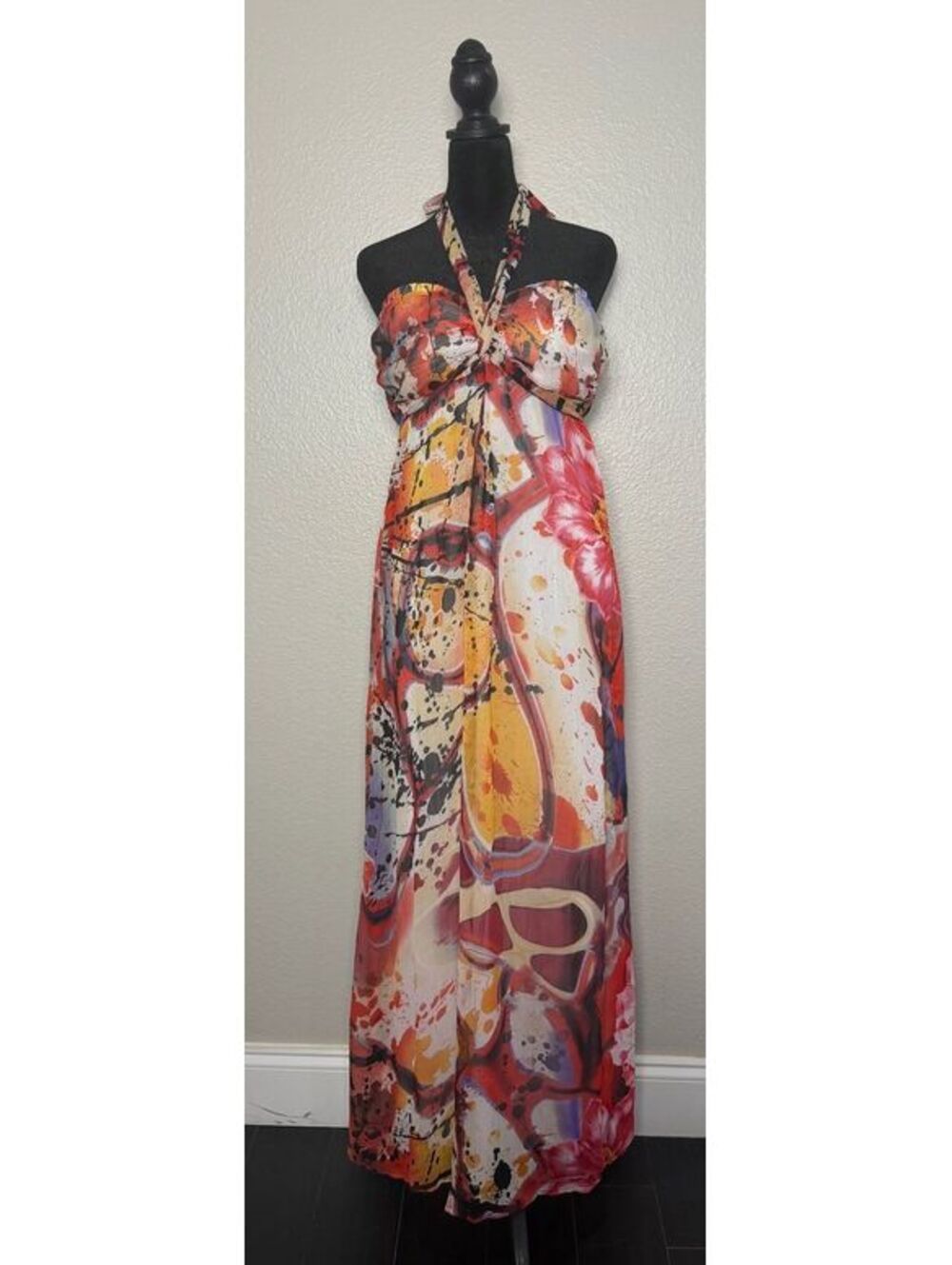 Abstract Floral Halter Maxi Dress M Boho Resort Empire Waist